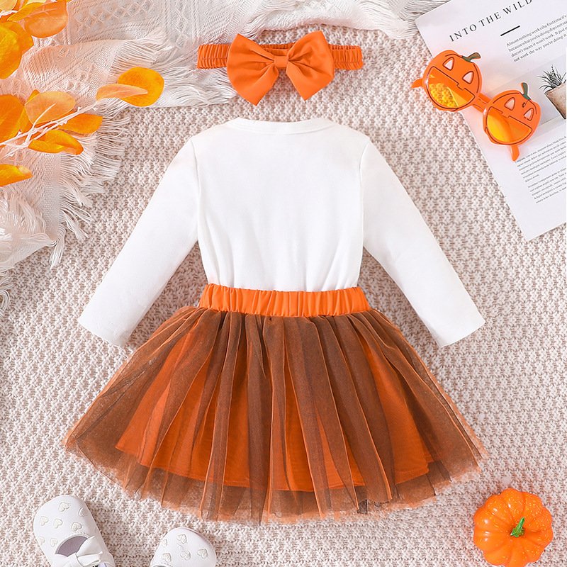 2024 New Arrival halloween costumes 0-18 Months Girls Pumpkin Baby Romper+Dress+headband 3pcs Clothes Set