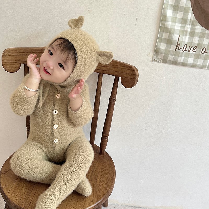 Custom baby mink hair onesie autumn babies cute crawling clothes bear wrapped feet clothes little bear romper