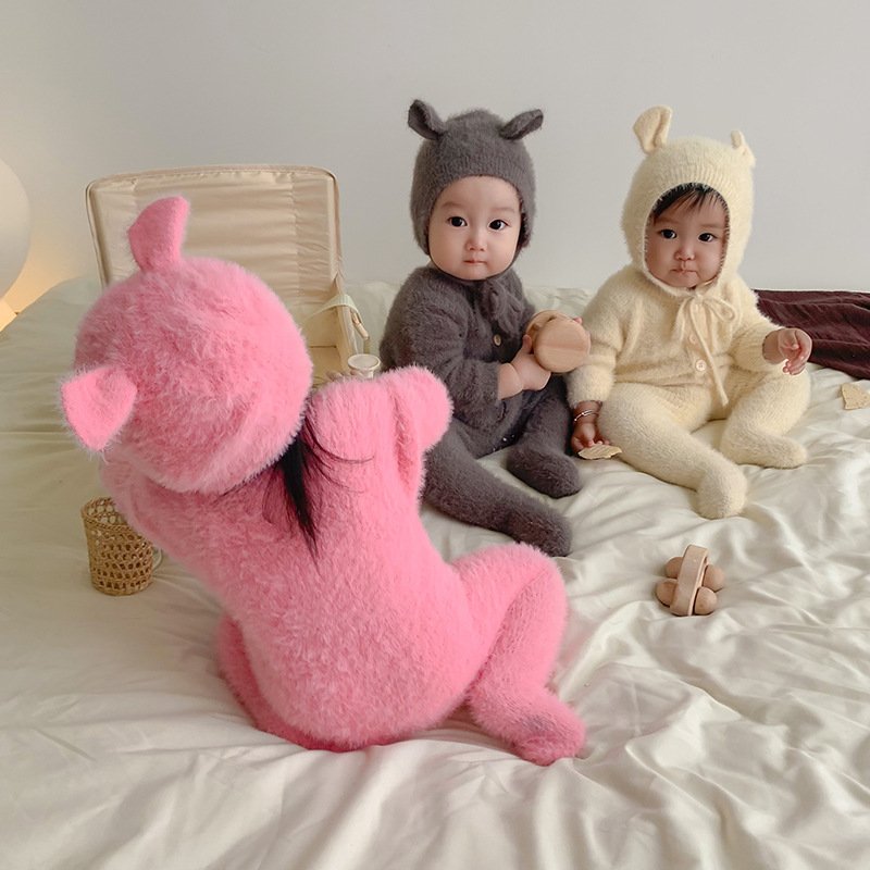 Custom baby mink hair onesie autumn babies cute crawling clothes bear wrapped feet clothes little bear romper