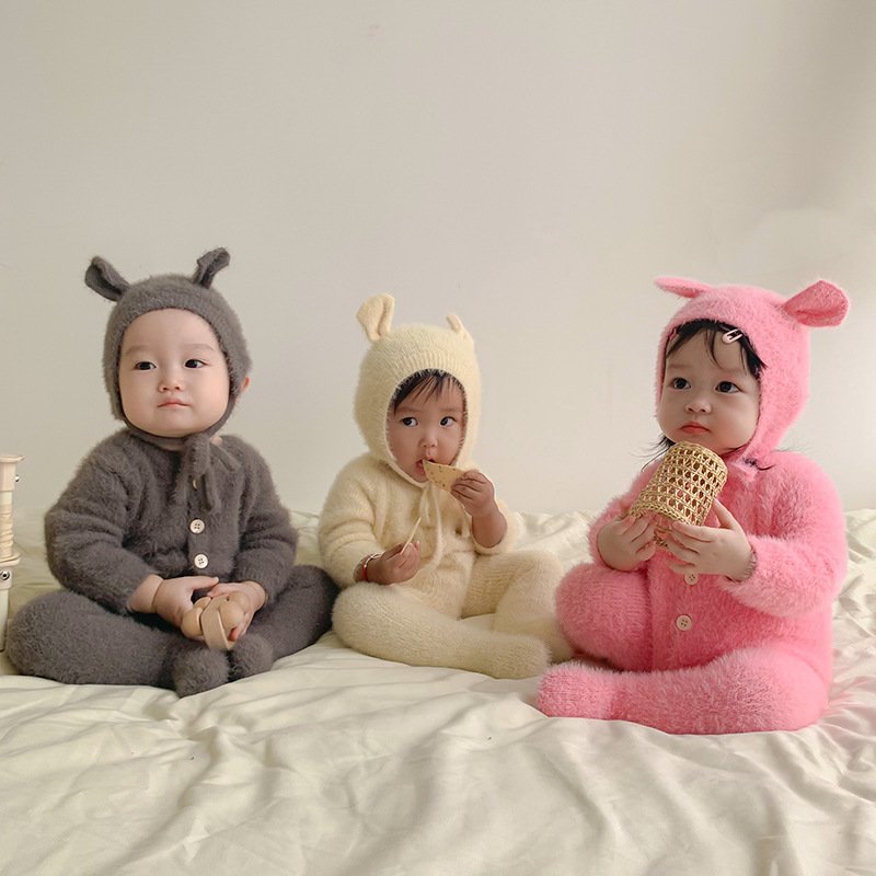 Custom baby mink hair onesie autumn babies cute crawling clothes bear wrapped feet clothes little bear romper