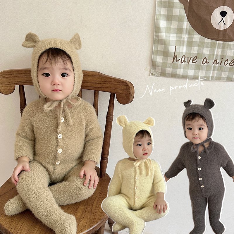Custom baby mink hair onesie autumn babies cute crawling clothes bear wrapped feet clothes little bear romper