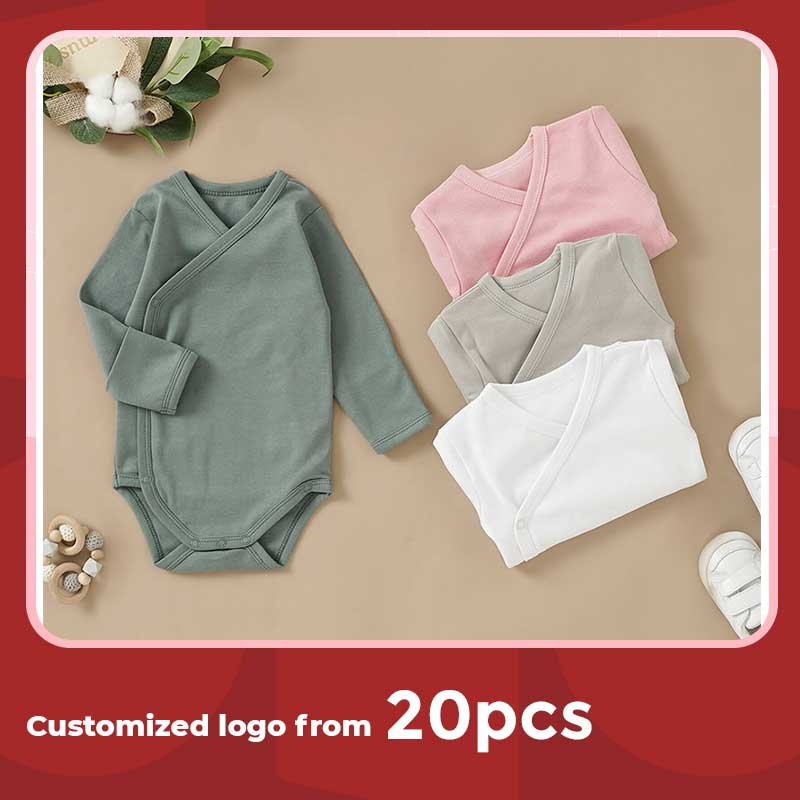 Customized logo from 20pcs 100% Organic Cotton Kimono Baby Short Romper Fold Over Cuff Newborn Infant Romper