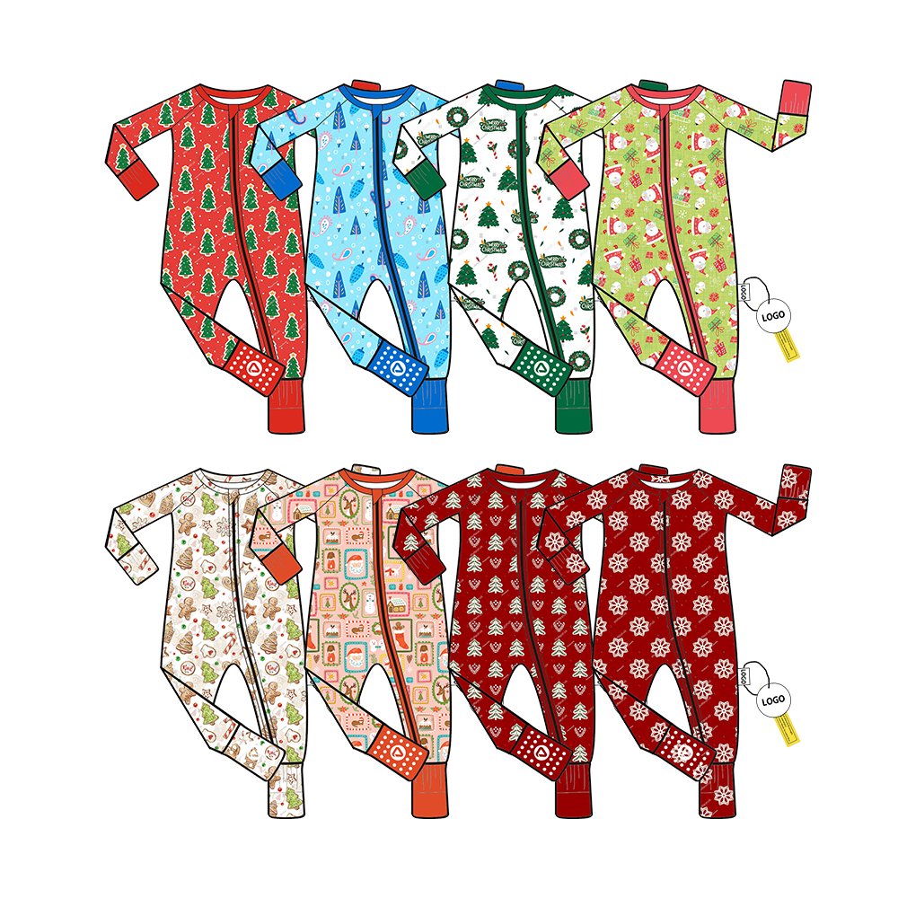 New Christmas baby clothing children bamboo fiber YKK zipper four legged pajamas for boys and girls cane sugar printed romper