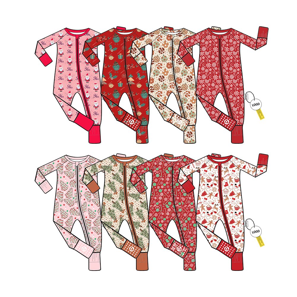 New Christmas baby clothing children bamboo fiber YKK zipper four legged pajamas for boys and girls cane sugar printed romper