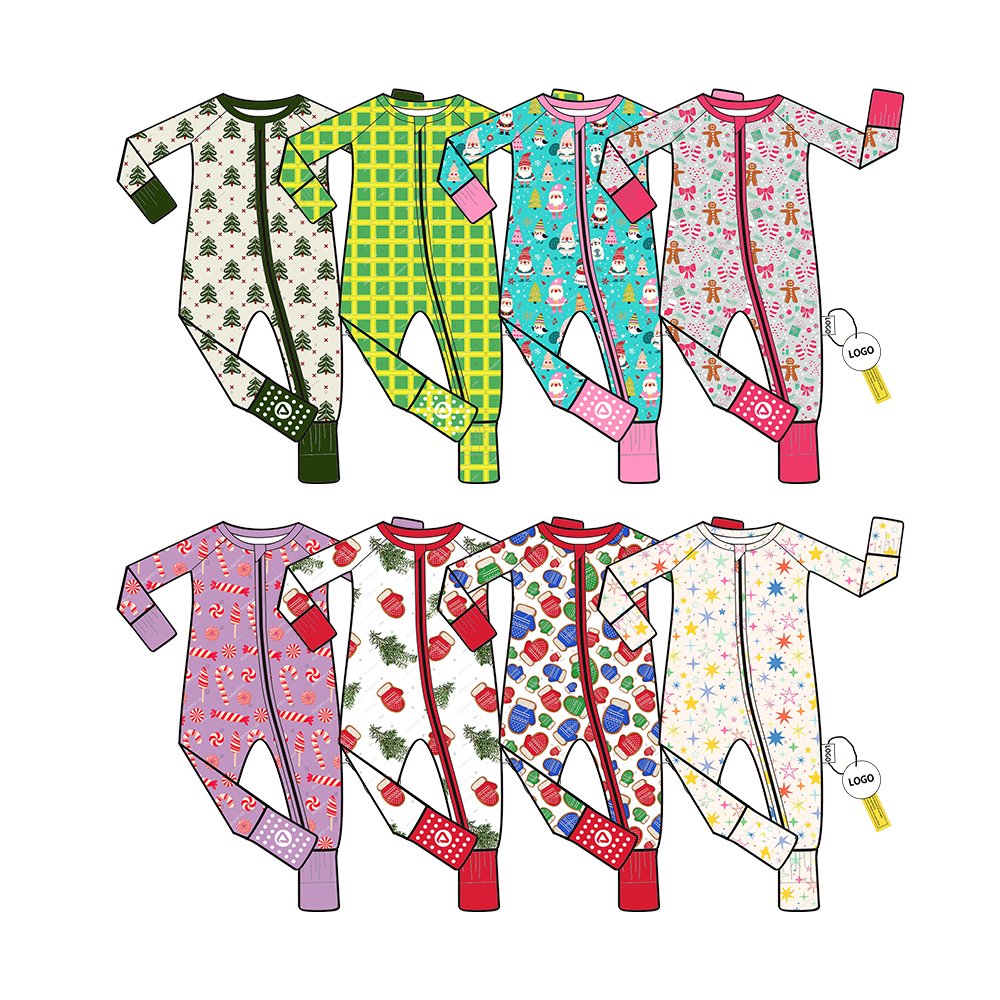 New Christmas baby clothing children bamboo fiber YKK zipper four legged pajamas for boys and girls cane sugar printed romper