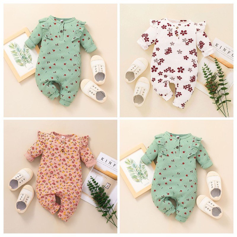 Autumn newborn kids long sleeve romper toddler baby girl ruffle print round neck stripe boutique custom jumpsuit