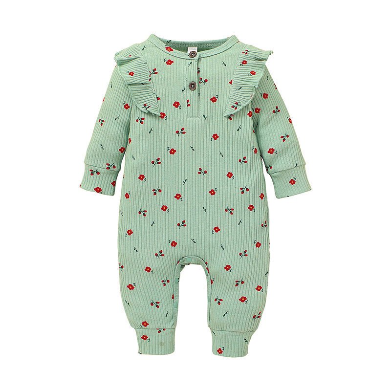 Autumn newborn kids long sleeve romper toddler baby girl ruffle print round neck stripe boutique custom jumpsuit