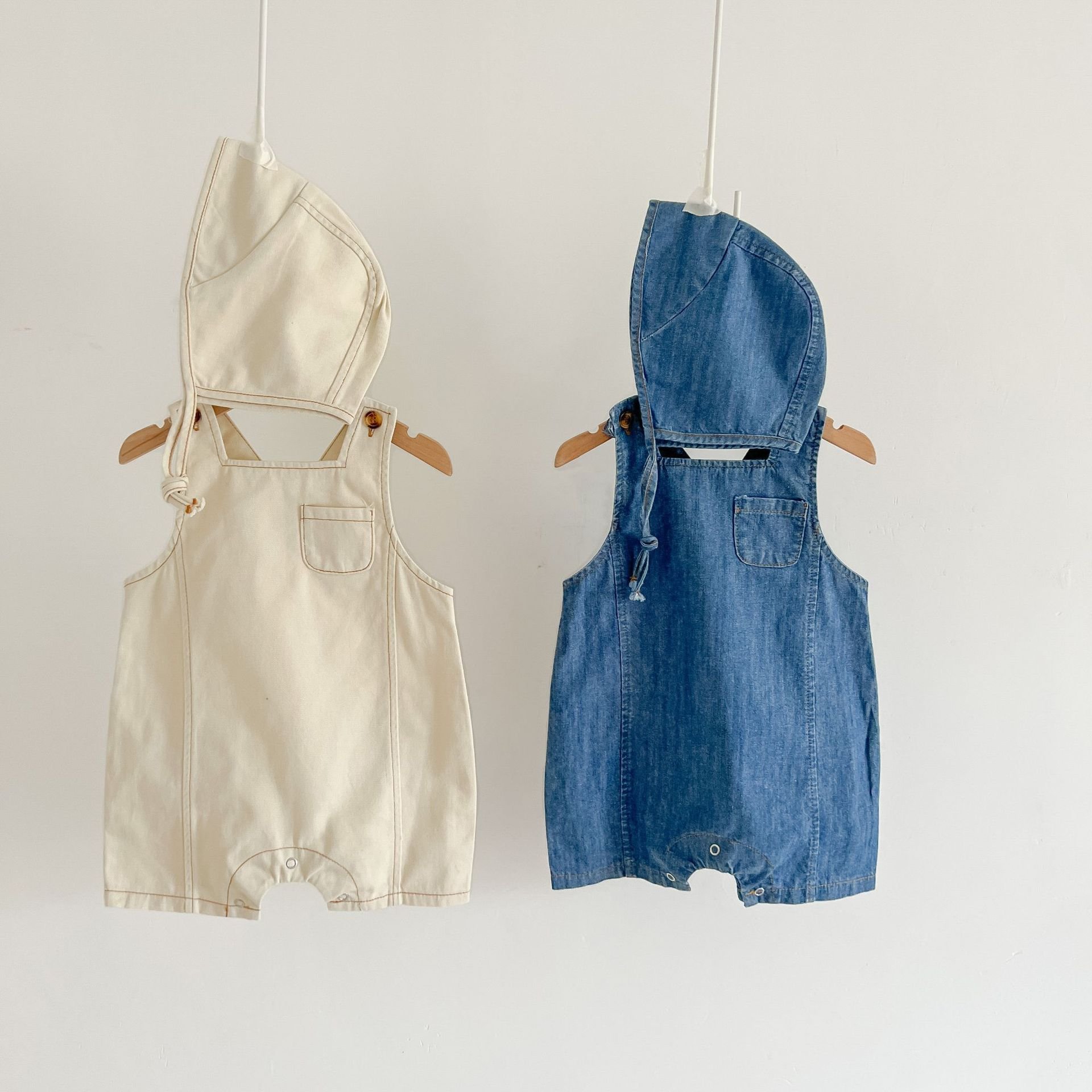 Summer Infant Baby Boys Girls Denim Blue Romper Sleeveless Clothes With Beanie Cap Set