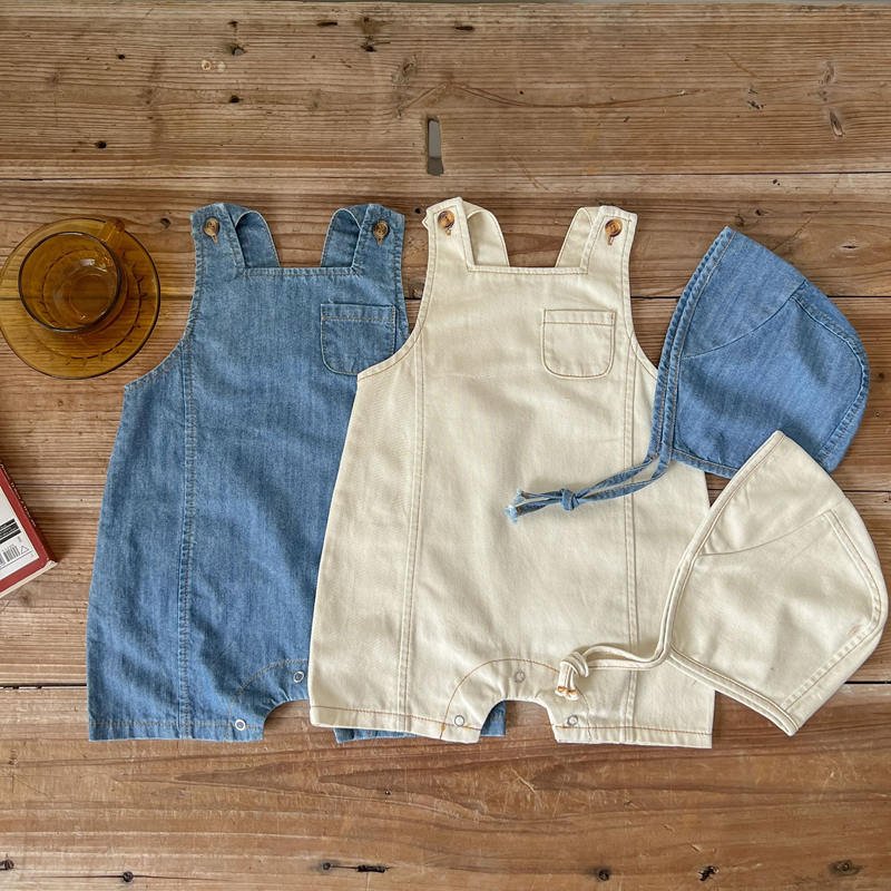 Summer Infant Baby Boys Girls Denim Blue Romper Sleeveless Clothes With Beanie Cap Set
