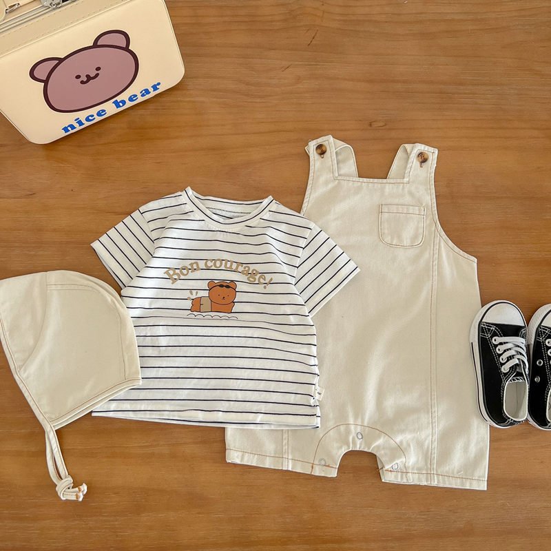 Summer Infant Baby Boys Girls Denim Blue Romper Sleeveless Clothes With Beanie Cap Set