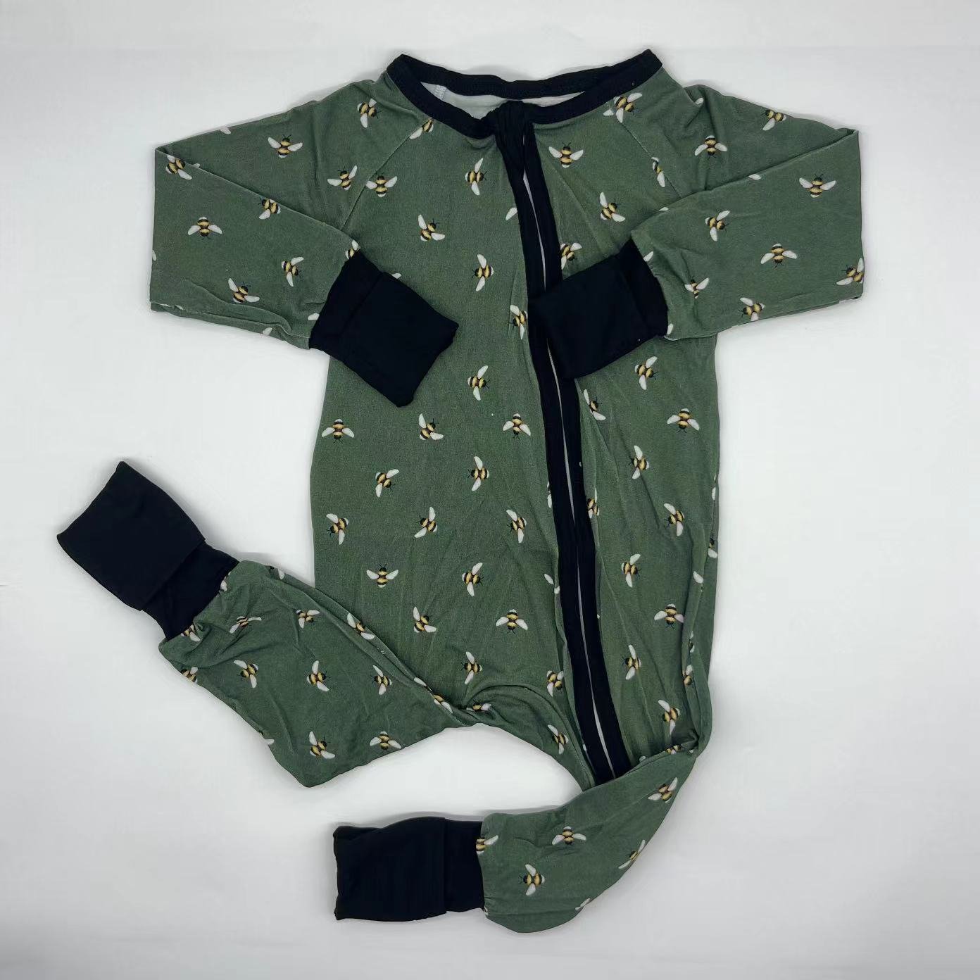Breathable summer viscose 95%bamboo bee custom zipper grip ruffle baby rompers