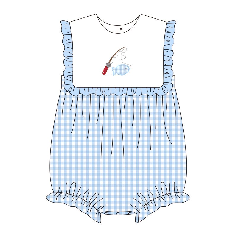 Boyis wholesale new design fishing applique cute style girl clothes baby girl romper
