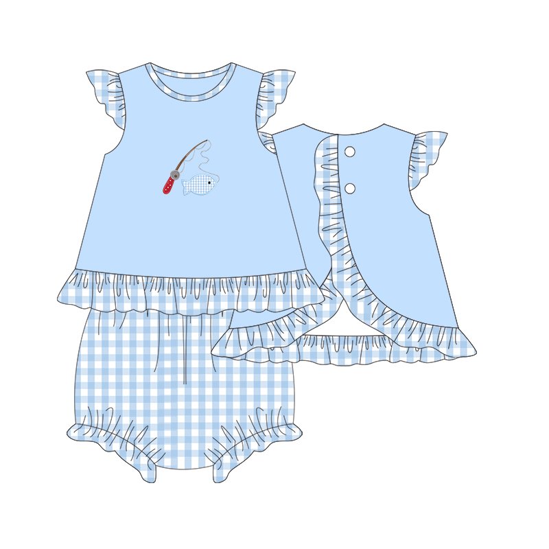 Boyis wholesale new design fishing applique cute style girl clothes baby girl romper