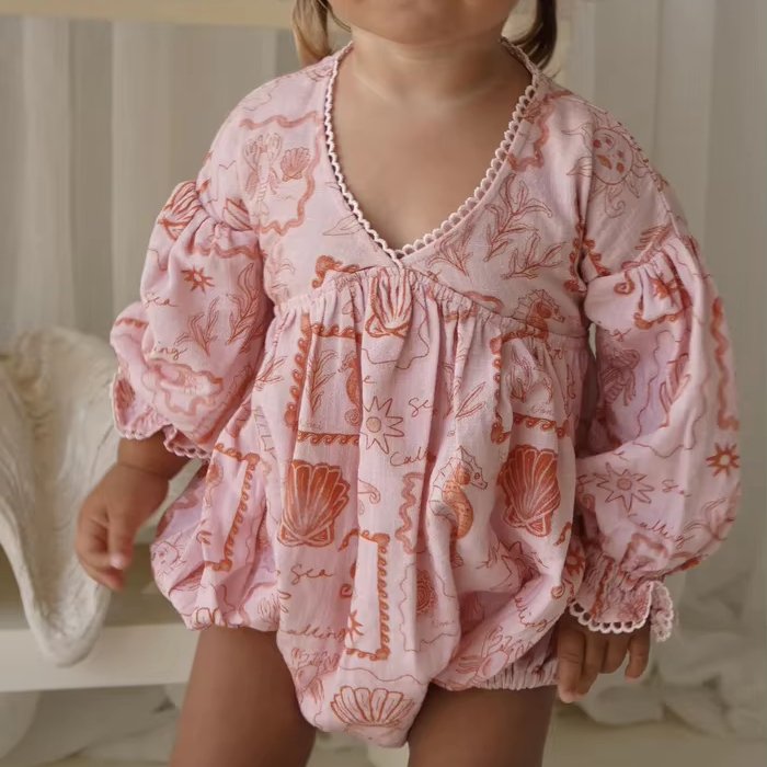 Spring Baby Girls Sweetest Print Linen Bubble Romper Cut Out Back Infant Romper