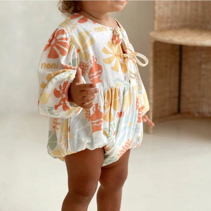 Spring Baby Girls Sweetest Print Linen Bubble Romper Cut Out Back Infant Romper