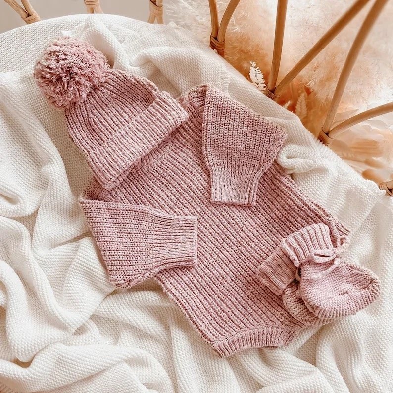 Ins Unisex Custom Logo Organic Chunky Knit Romper Oversized Long Sleeve Knitwear Newborn Photoshoot First Outfit