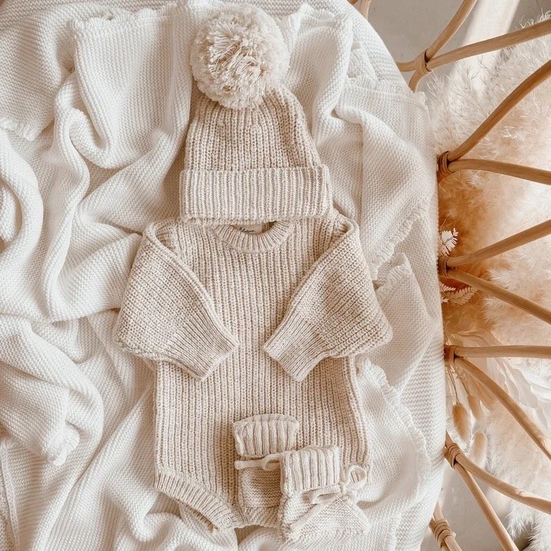 Ins Unisex Custom Logo Organic Chunky Knit Romper Oversized Long Sleeve Knitwear Newborn Photoshoot First Outfit