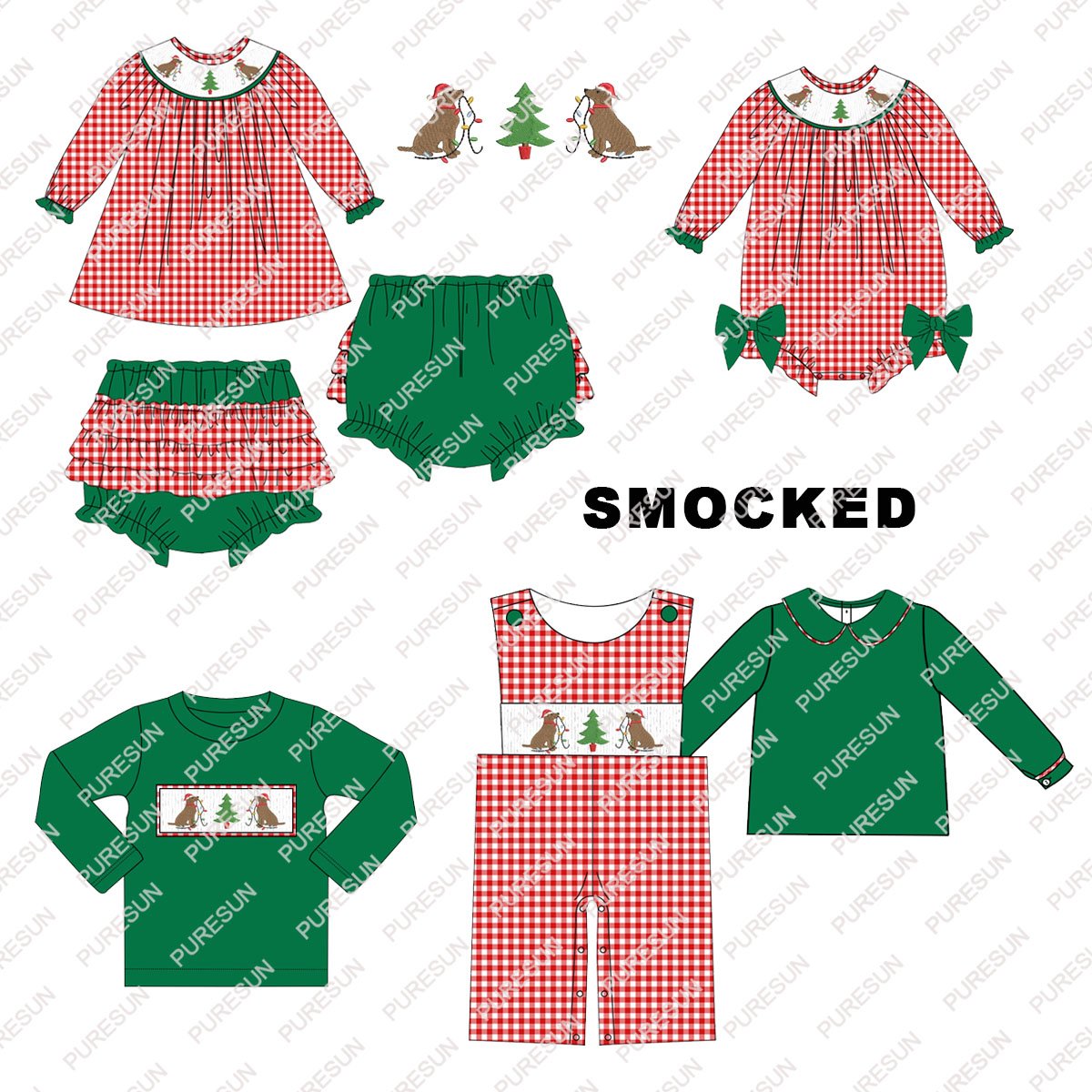 2023 Puresun wholesale Christmas baby clothes newborn embroidery gingham bubble romper smock kids clothing set
