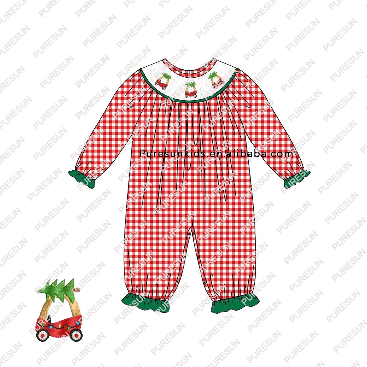 2023 Puresun wholesale Christmas baby clothes newborn embroidery gingham bubble romper smock kids clothing set