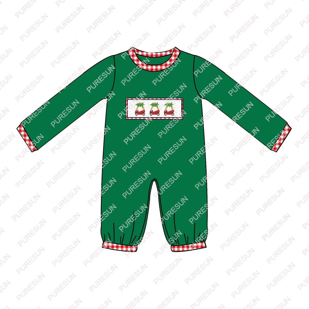 2023 Puresun wholesale Christmas baby clothes newborn embroidery gingham bubble romper smock kids clothing set