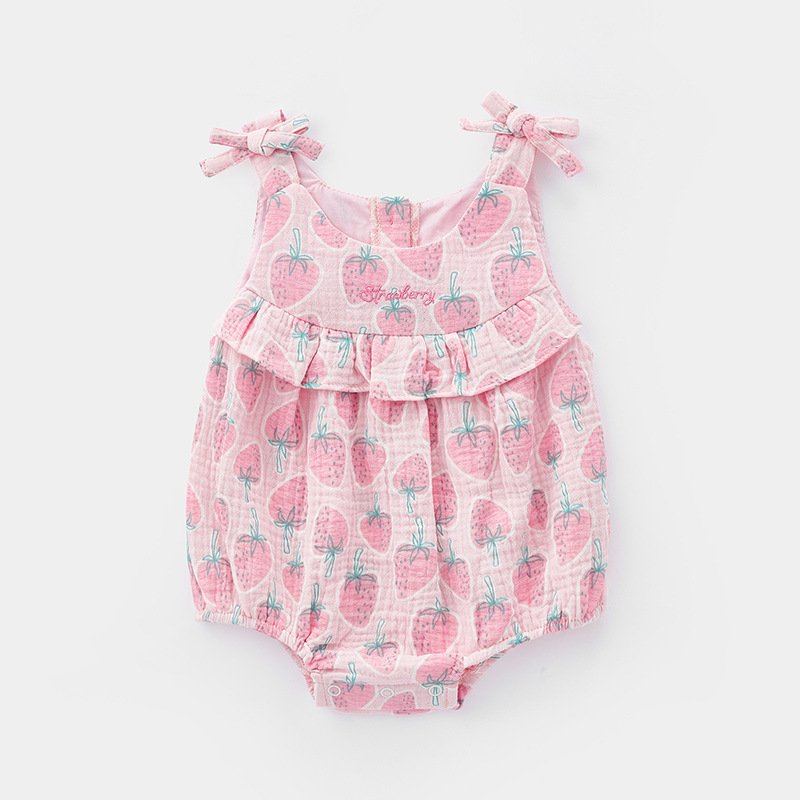 2024 Summer New Baby Cartoon Fruit Print Romper Newborn Clothing Pure Cotton Sleeveless Sling Baby Romper