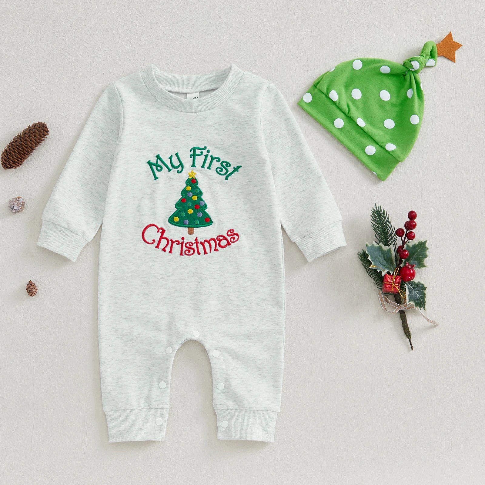 2024 Christmas Autumn Baby Long Sleeve Romper Tree Letter Towel Embroidered Baby Cotton Romper + Hat Baby Rompers