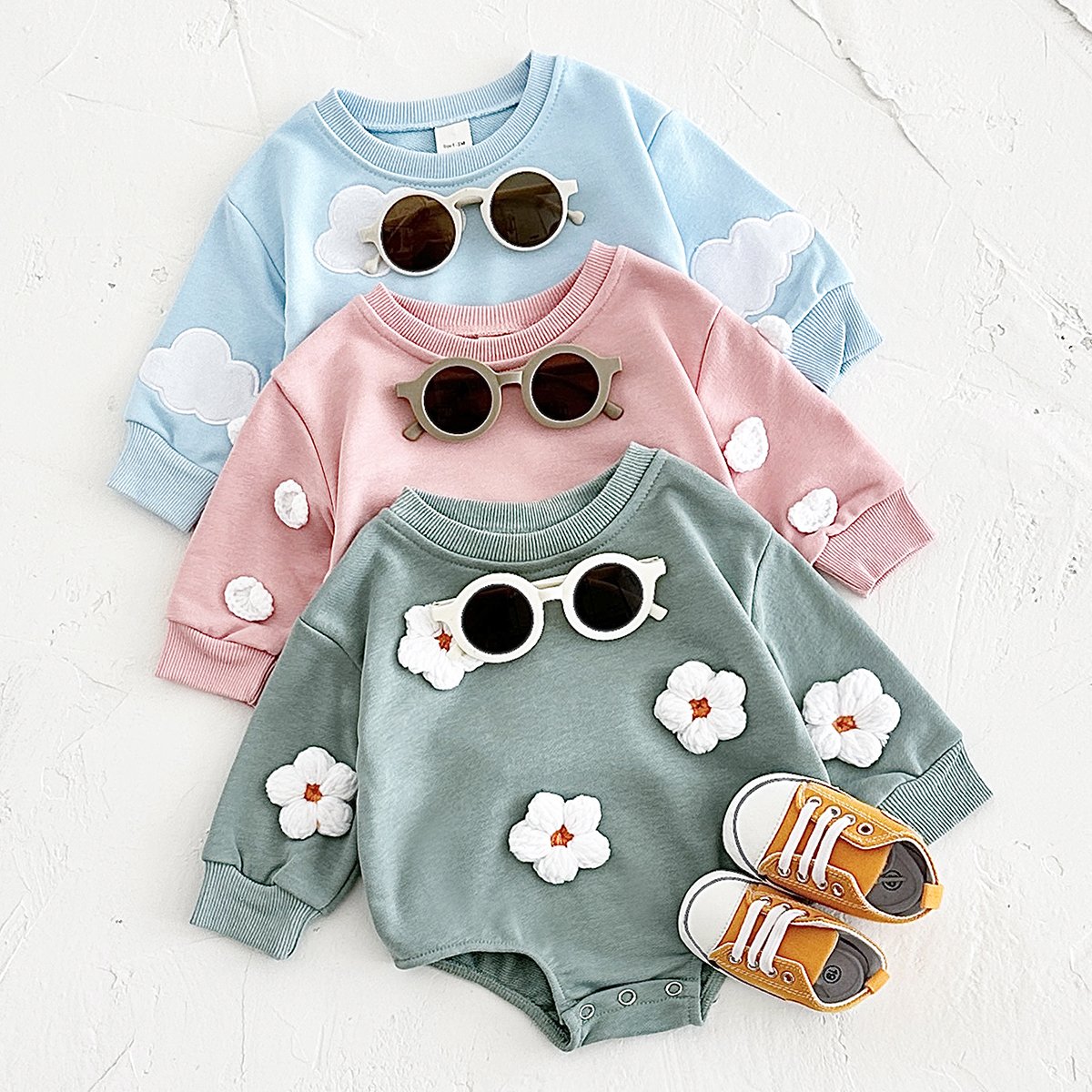 Newborn Long Sleeve Triangle Jumpsuit Infant Cloud Applique Three-Dimensional Floret Round Baby Neck Bubble Rompers