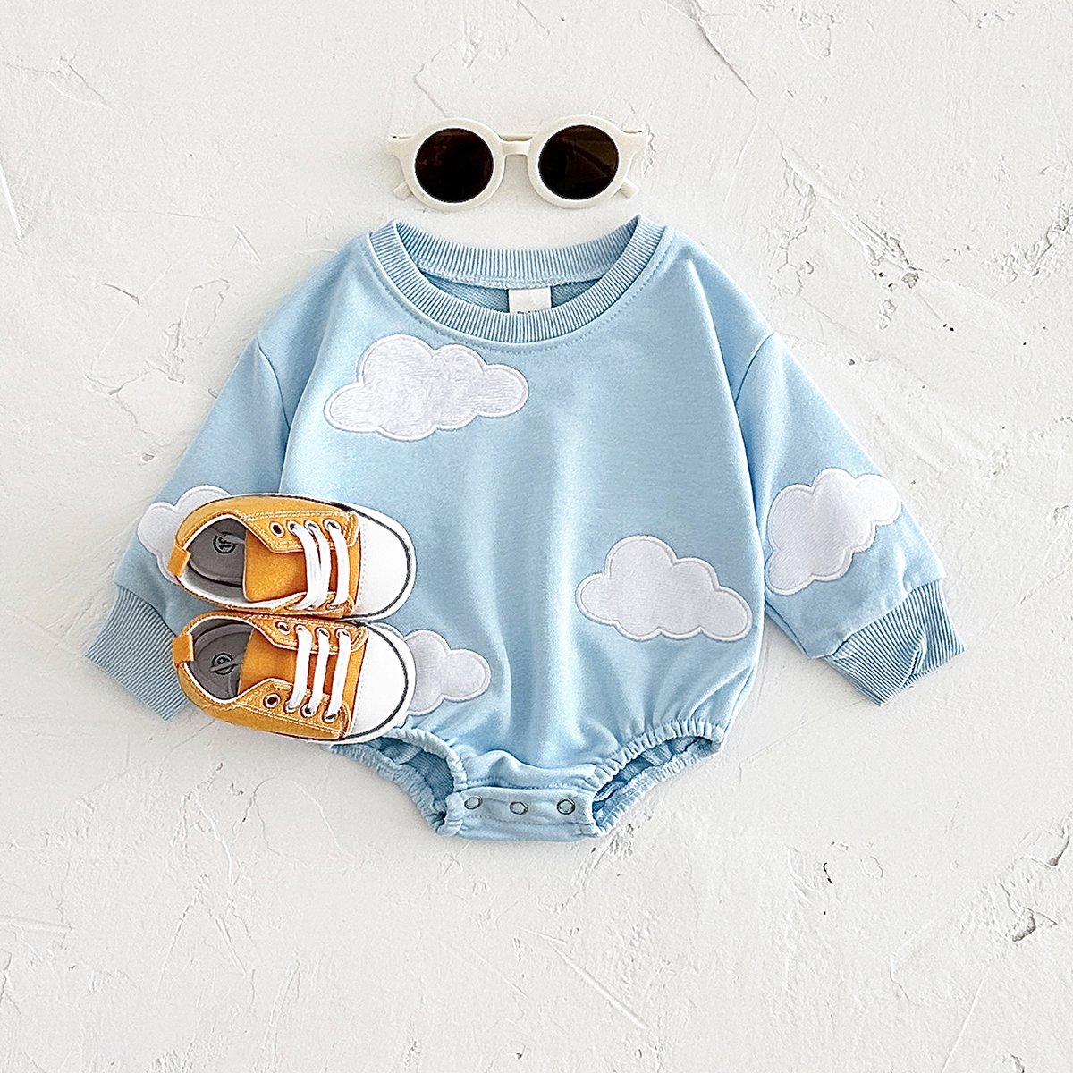 Newborn Long Sleeve Triangle Jumpsuit Infant Cloud Applique Three-Dimensional Floret Round Baby Neck Bubble Rompers