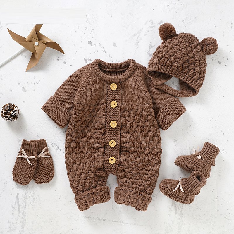 Baby Rompers Caps Clothes Sets Newborn Girl Boy Knitted Jumpsuits Outfits Autumn Winter Long Sleeve Toddler Infant Overalls 2pcs