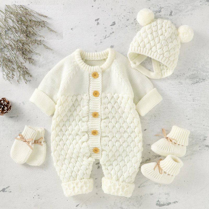 Baby Rompers Caps Clothes Sets Newborn Girl Boy Knitted Jumpsuits Outfits Autumn Winter Long Sleeve Toddler Infant Overalls 2pcs