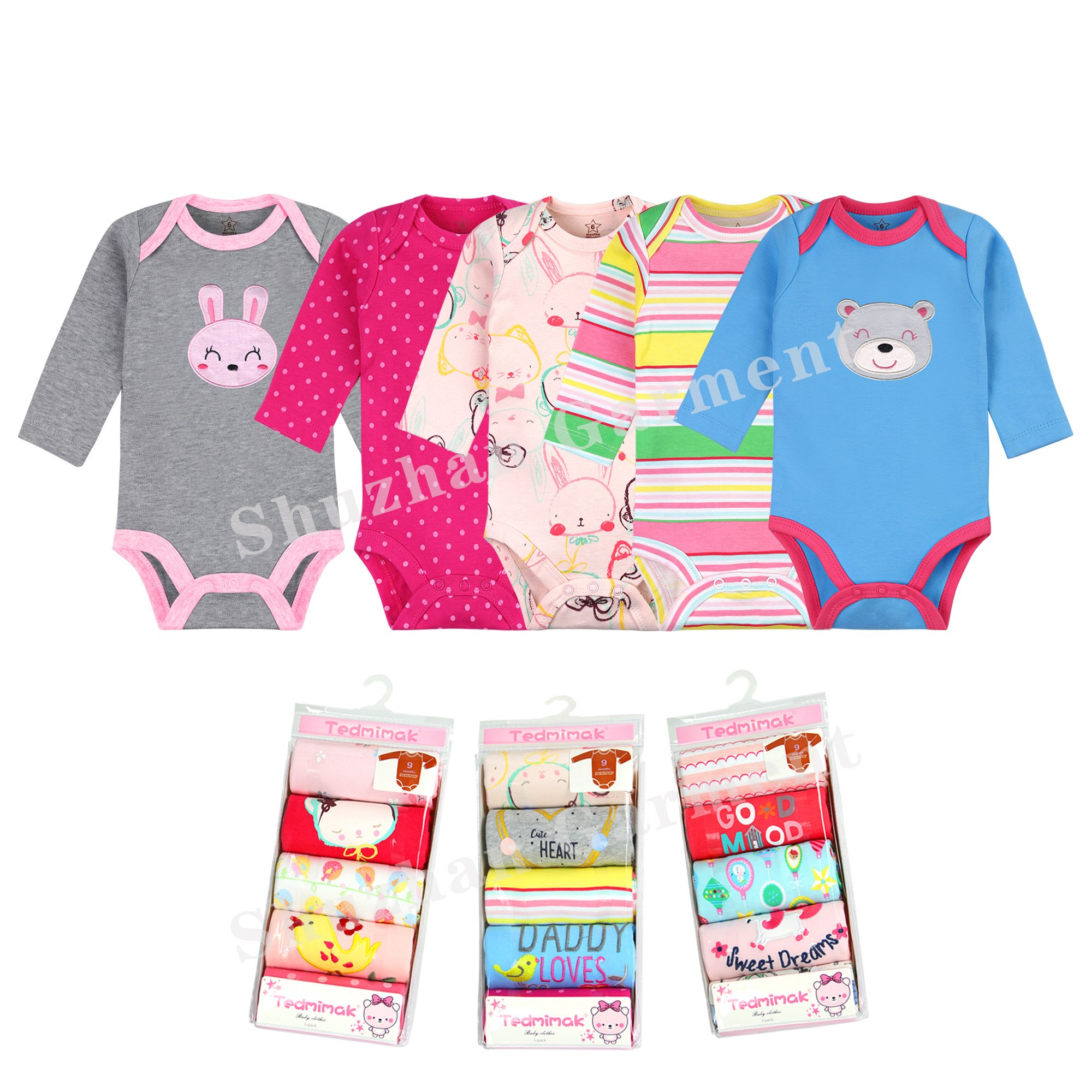 Baby onesies wholesale Random pattern cotton spot or custom newborn baby clothing 0-24 mon tights baby rompers with long sleeves