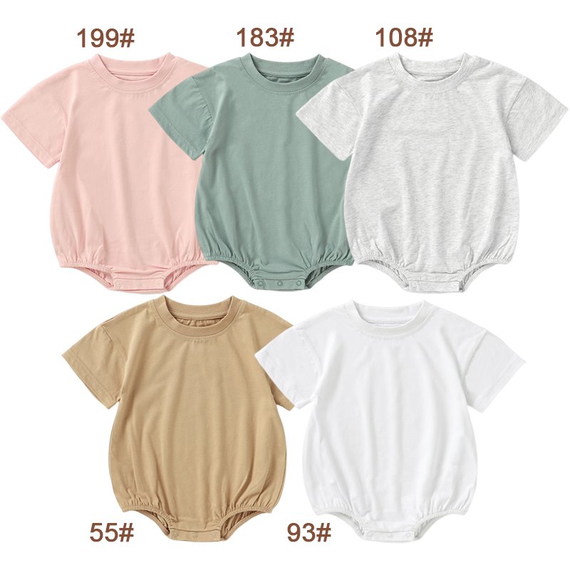 Wholesale Ready To Ship Summer Baby Wear Solid Short Sleeve Pink Oversized Baby Girls Bubble Rompers