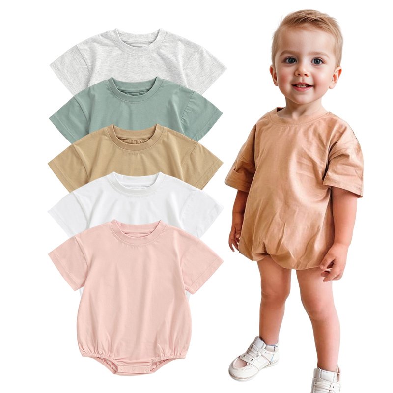 Wholesale Ready To Ship Summer Baby Wear Solid Short Sleeve Pink Oversized Baby Girls Bubble Rompers