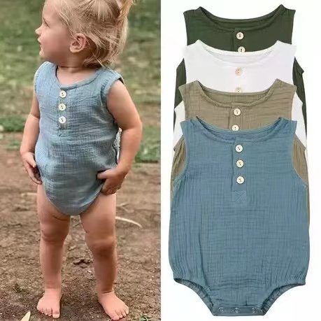 NO MOQ OEM Australia US Infant Jumper Summer Sleeveless Baby Romper Muslin Cotton Plain Front Buttons Newborn Boys Bodysuits