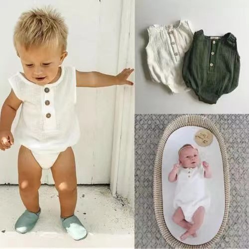 NO MOQ OEM Australia US Infant Jumper Summer Sleeveless Baby Romper Muslin Cotton Plain Front Buttons Newborn Boys Bodysuits