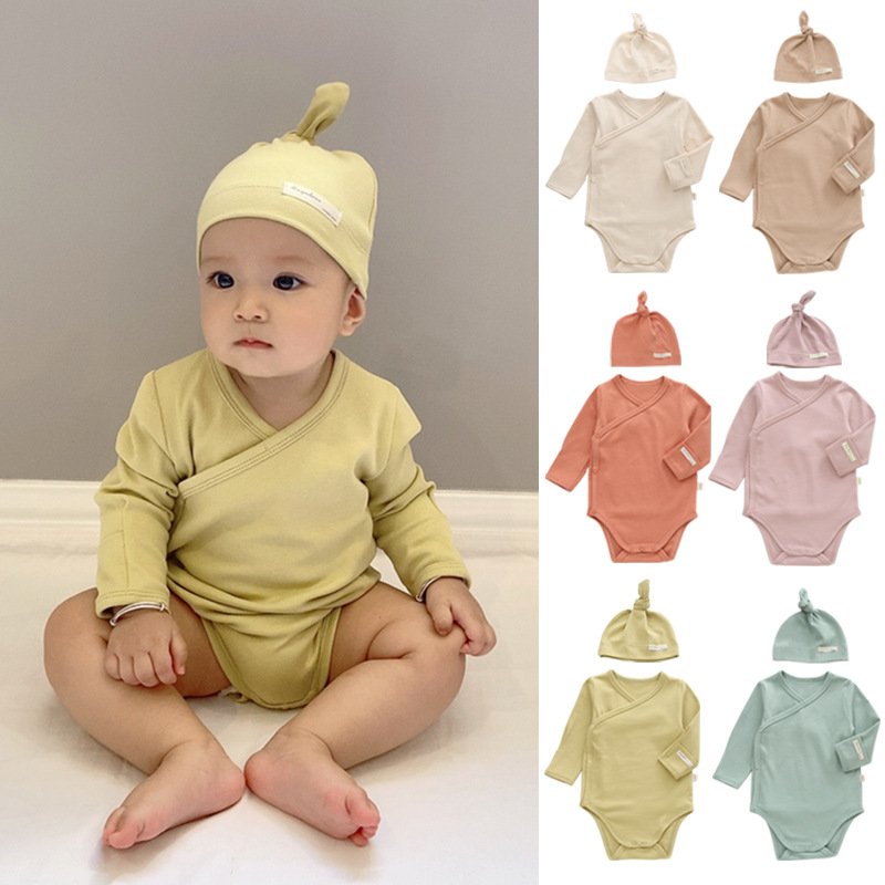 Spring Autumn Long Sleeve Unisex Infant Clothing Cotton Baby Romper Clothes Solid Color Newborn Bodysuits With Hat
