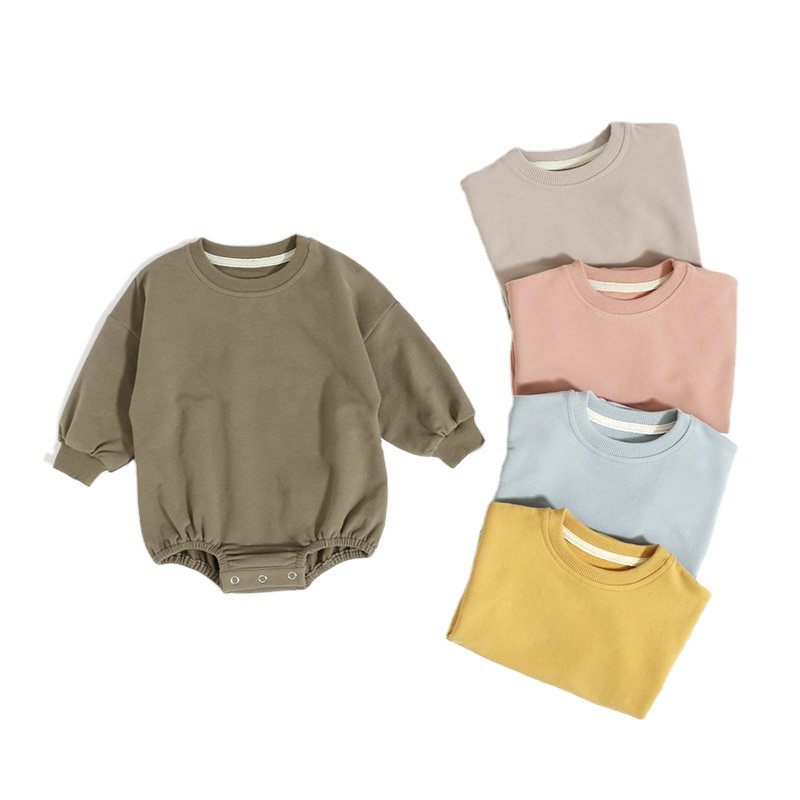 Wholesale Baby Girl Clothes Autumn winter Covered Button Crew Neck Solid Color Organic Cotton French Terry Baby Romper