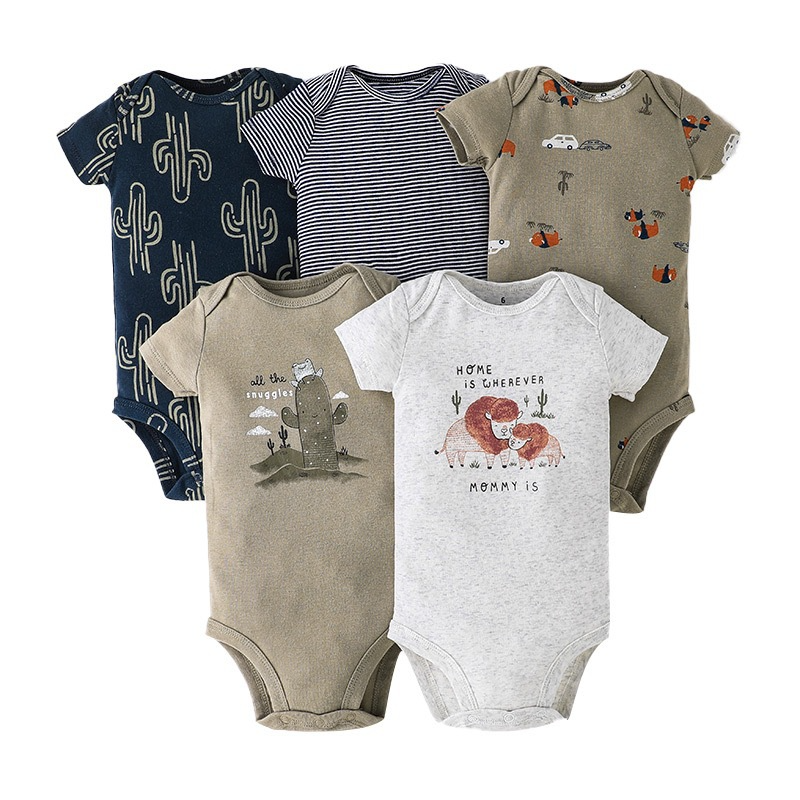 Custom Manufacturer 5pc 100% Cotton Baby Onesie New Born Baby Romper Clothes Bodysuits Jumpsuit Short Sleeve Children's Clothing