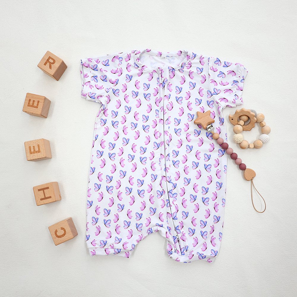 One-stop comfortable soft short sleeve zipper butterfly printing newborn baby romper