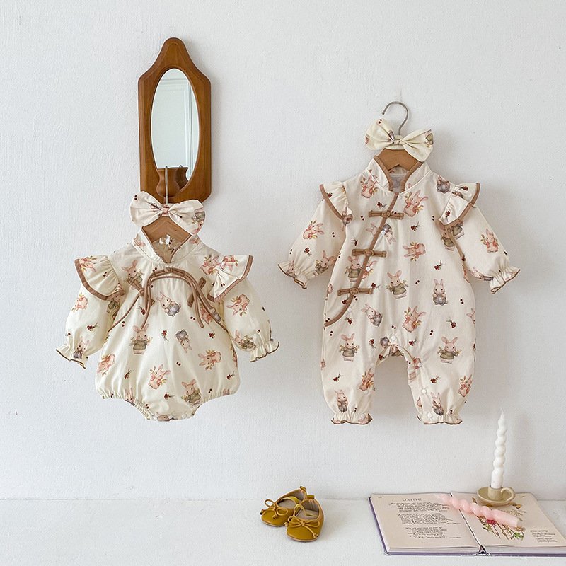2024 Spring And Autumn Cartoon Sweet Baby Clothes long sleeve Cotton Jumpsuit Dress For Baby Girls