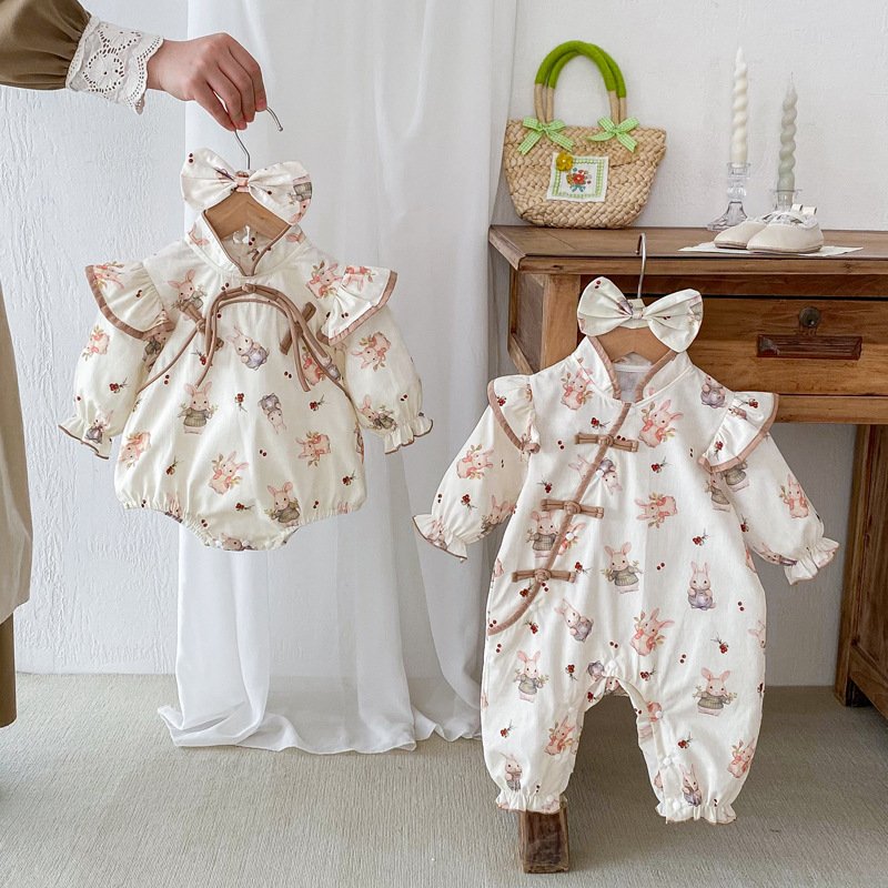 2024 Spring And Autumn Cartoon Sweet Baby Clothes long sleeve Cotton Jumpsuit Dress For Baby Girls