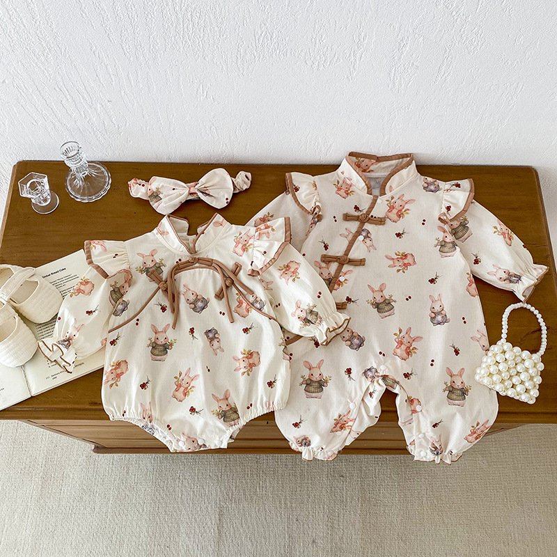 2024 Spring And Autumn Cartoon Sweet Baby Clothes long sleeve Cotton Jumpsuit Dress For Baby Girls