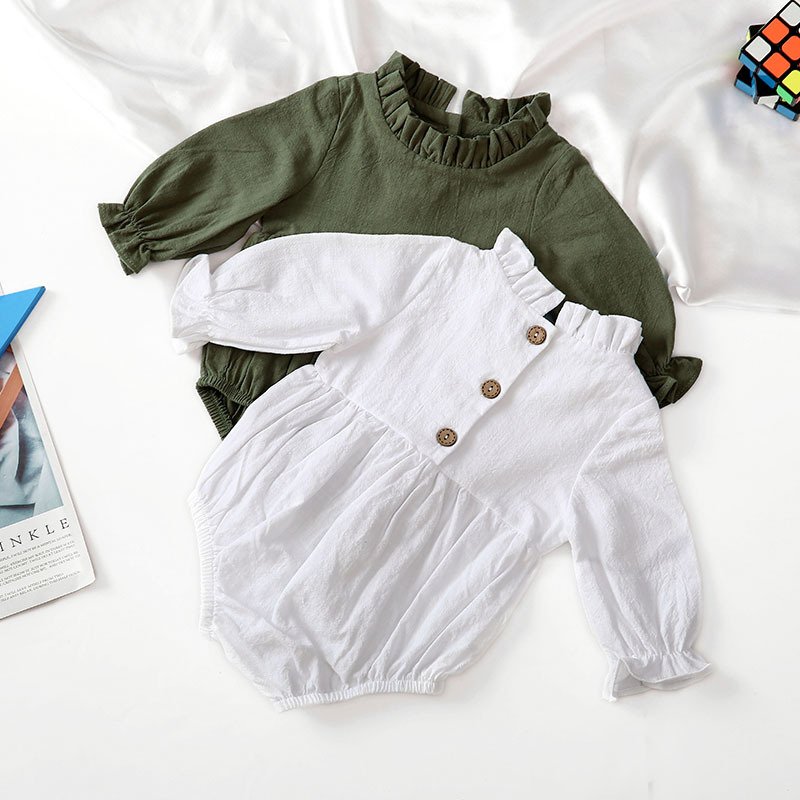 Fashion Baby Girls O Neck Romper Cotton Long Sleeve Ruffles Newborn Solid Color Rompers Infant Jumpsuits