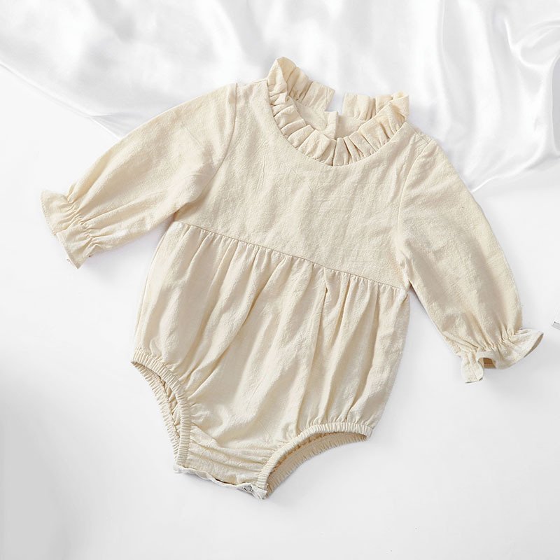 Fashion Baby Girls O Neck Romper Cotton Long Sleeve Ruffles Newborn Solid Color Rompers Infant Jumpsuits