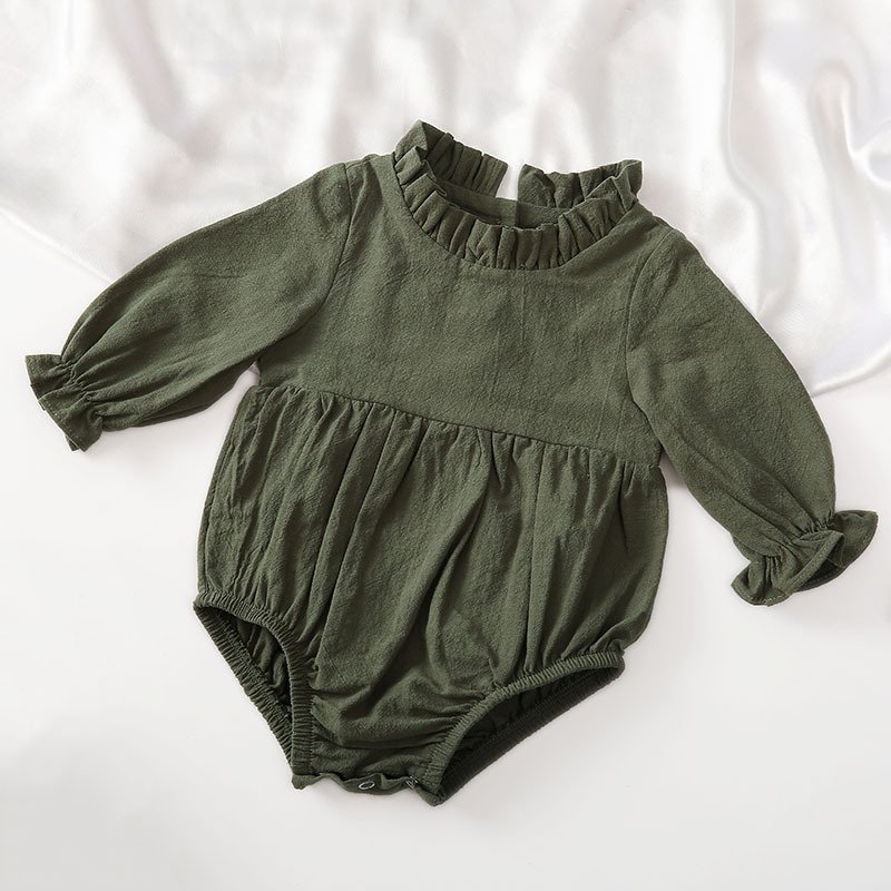 Fashion Baby Girls O Neck Romper Cotton Long Sleeve Ruffles Newborn Solid Color Rompers Infant Jumpsuits