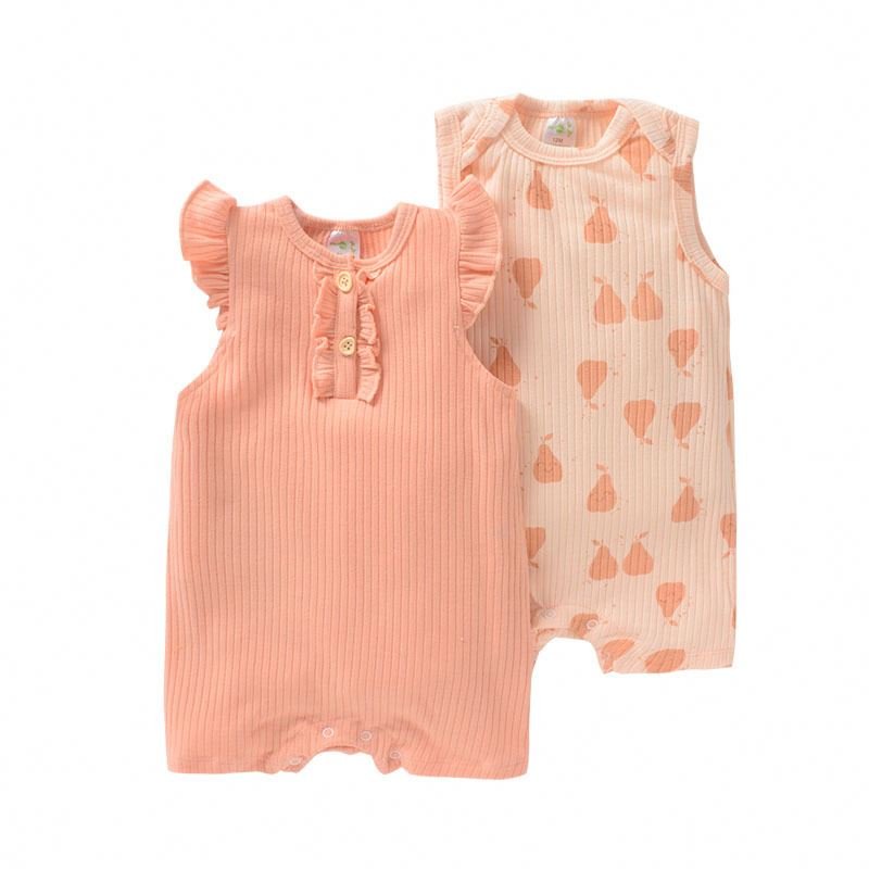 Rib Cotton Two Pieces Set Fly Sleeve All Over Printing Wholesale Toddler Newborn Baby Romper