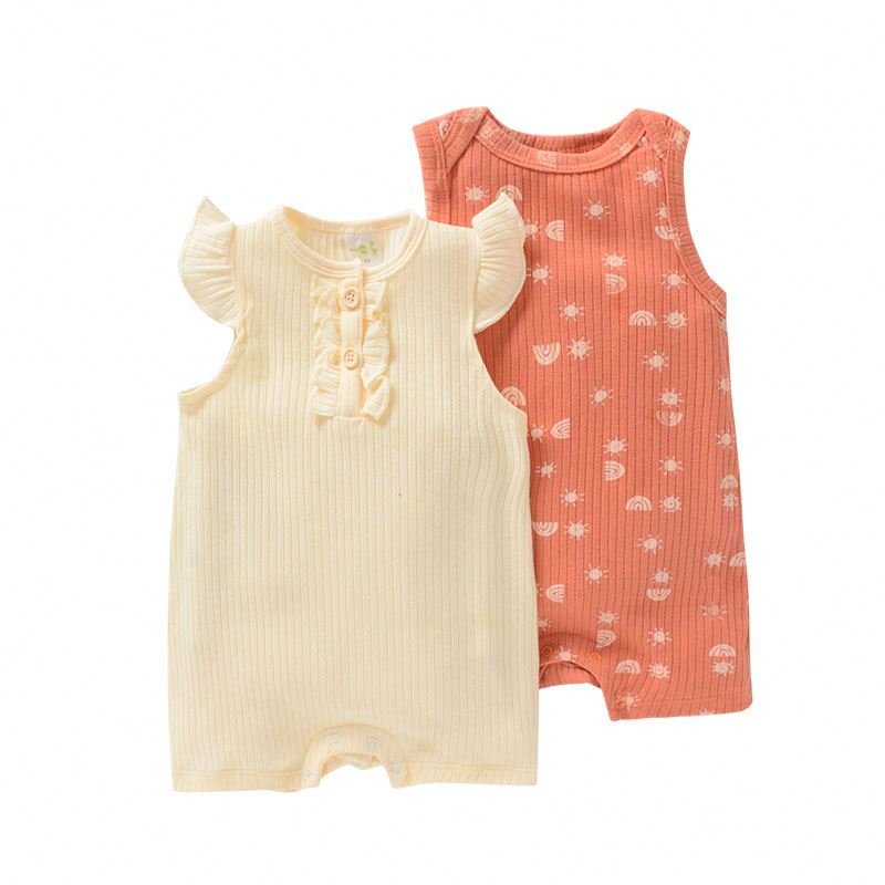 Rib Cotton Two Pieces Set Fly Sleeve All Over Printing Wholesale Toddler Newborn Baby Romper
