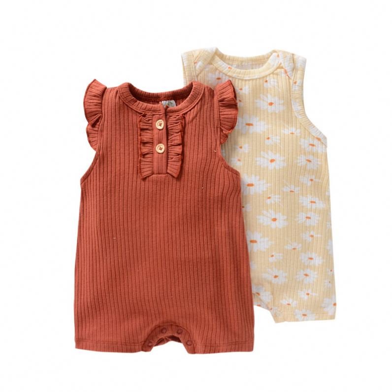 Rib Cotton Two Pieces Set Fly Sleeve All Over Printing Wholesale Toddler Newborn Baby Romper