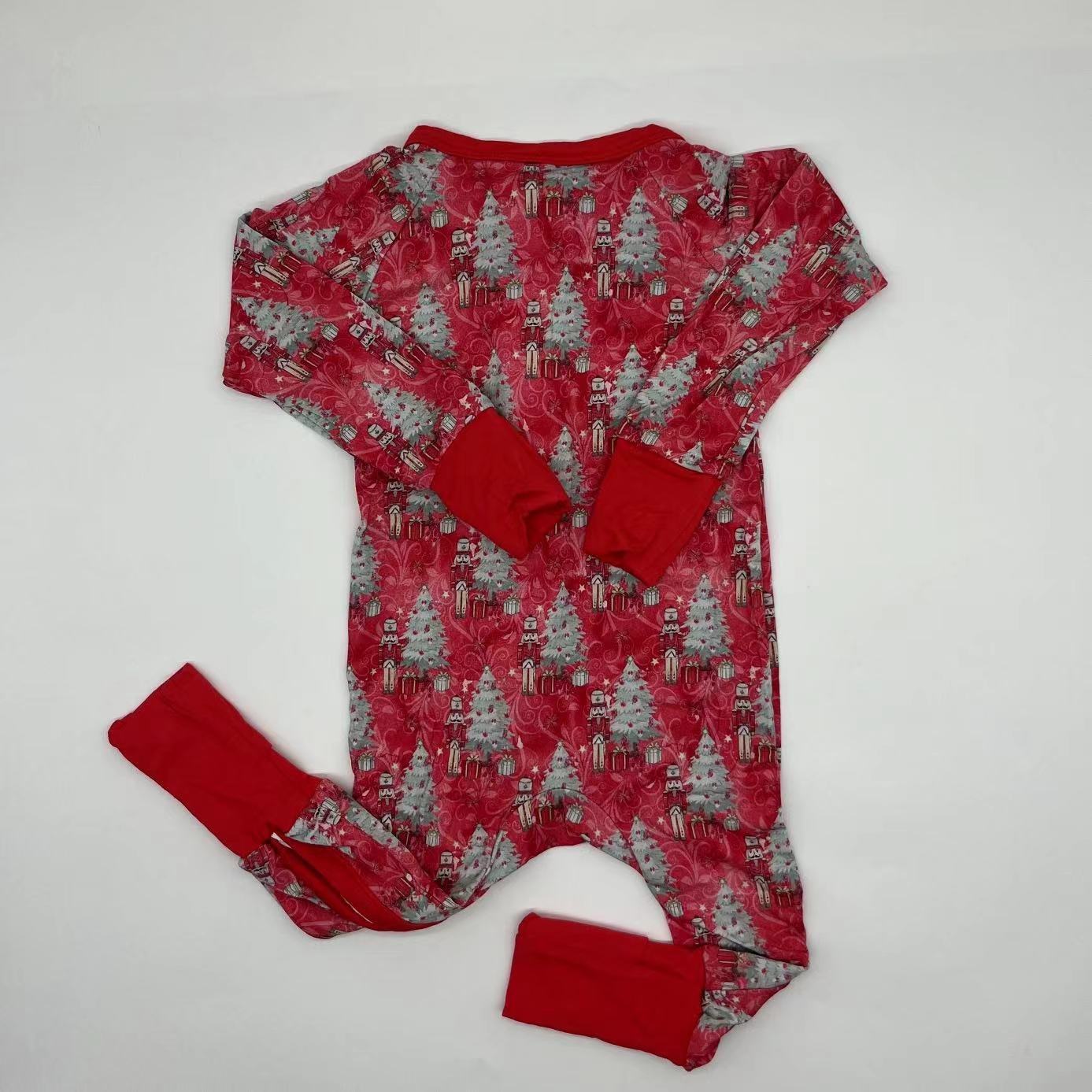 New hot sales 2024 Christmas trees printing custom bamboo spandex zippy baby pajamas