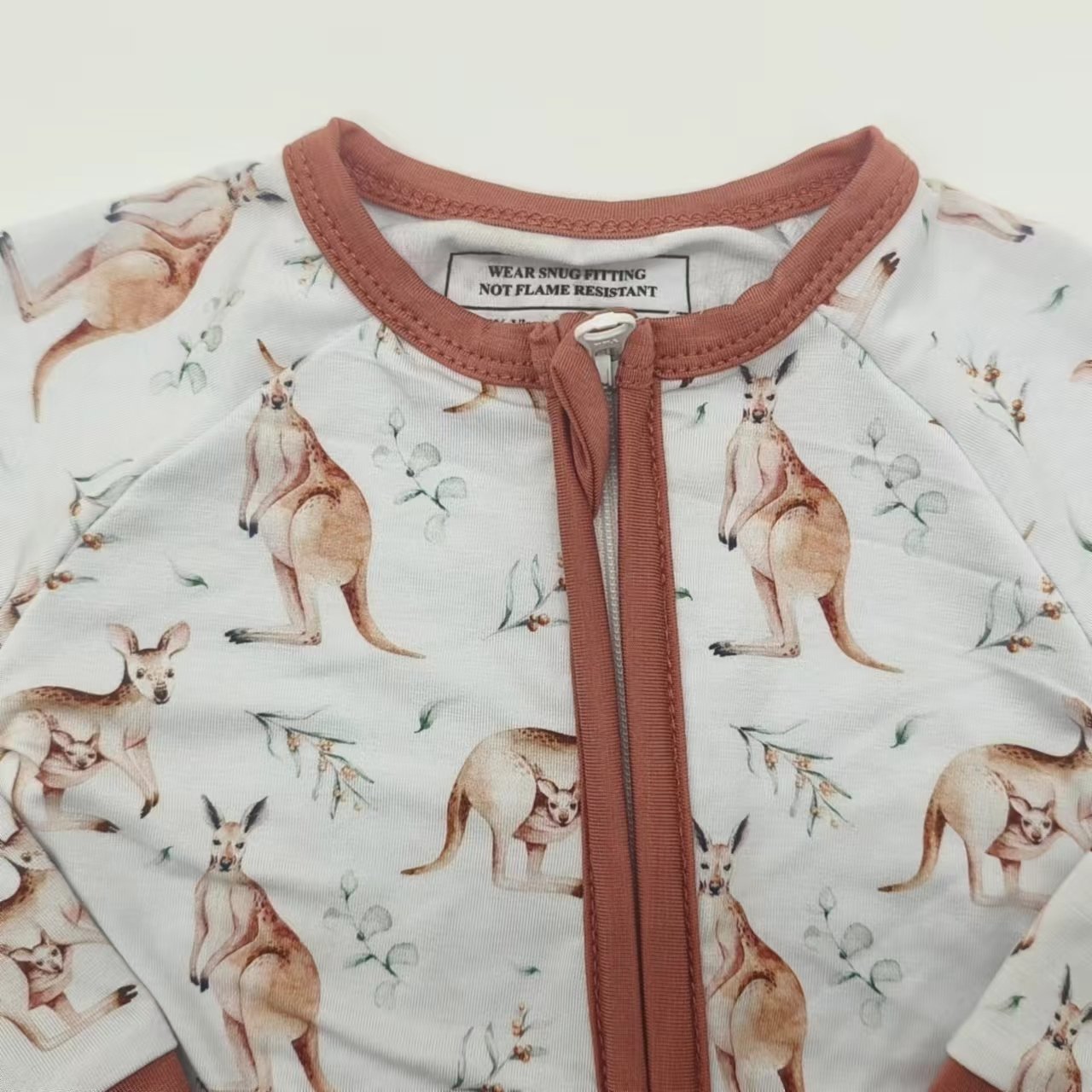 Kangaroos Printed Baby Romper with Double YKK Zippers Long Sleeves Baby Pajamas for Toddlers